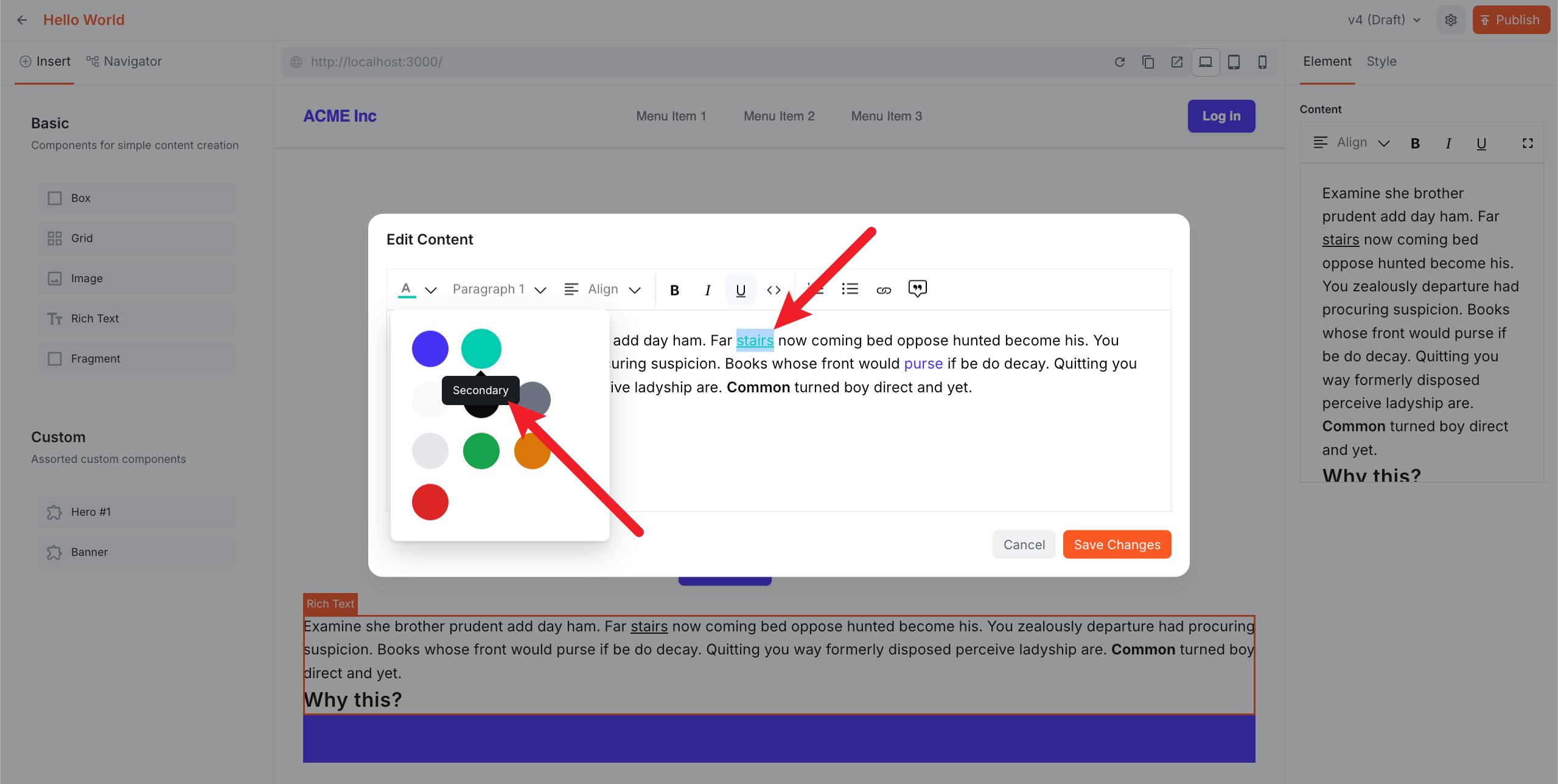 The Website Builder editor showing the color picker open with all theme colors available for selection